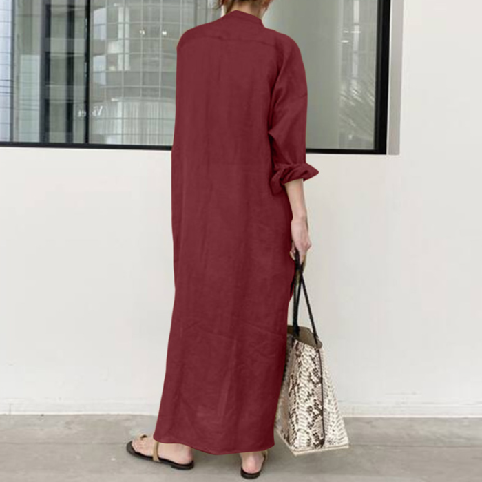Autumn Retro Solid Color Ladies Long Sleeve Cotton Linen Women's Robe Shirt Dress