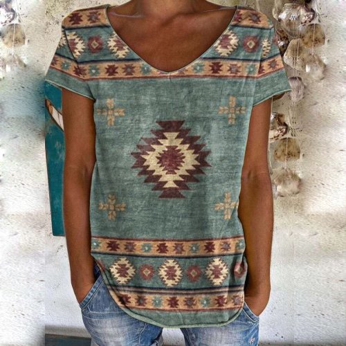Ladies Western Ethnic Elements V-neck Short-Sleeved T-shirt
