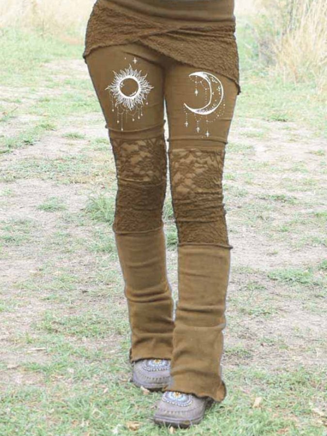 Women's retro sun and moon print lace patchwork stretch leggings