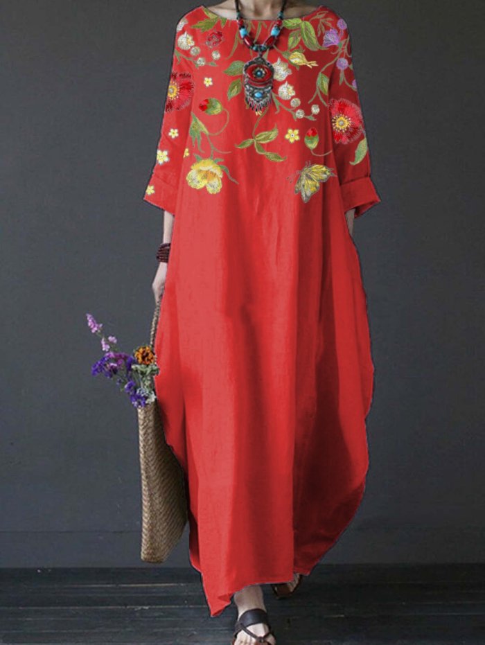 Women's Floral Print Cotton And Linen Loose Plus Size Dress