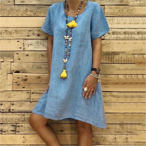Large Swing Cotton and Linen Short Sleeve Loose Dress plus Size