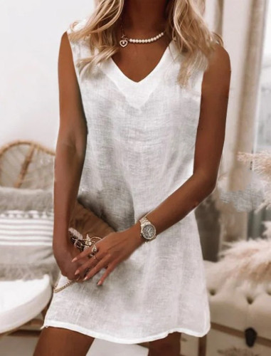 V-neck Sleeveless Solid Color Cotton and Linen Dress White Skirt