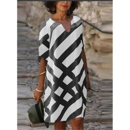 V-neck Striped Floral Print Mid-Length Sleeves A- line Slub Linen Dress