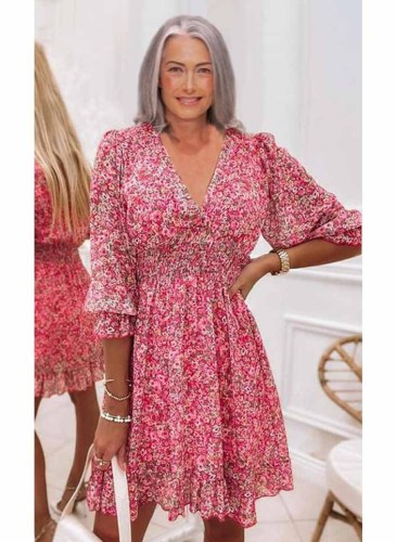 Mid-Length Dress Pullover Print Short Sleeve Puff Sleeve Mid-Waist Floral Dress