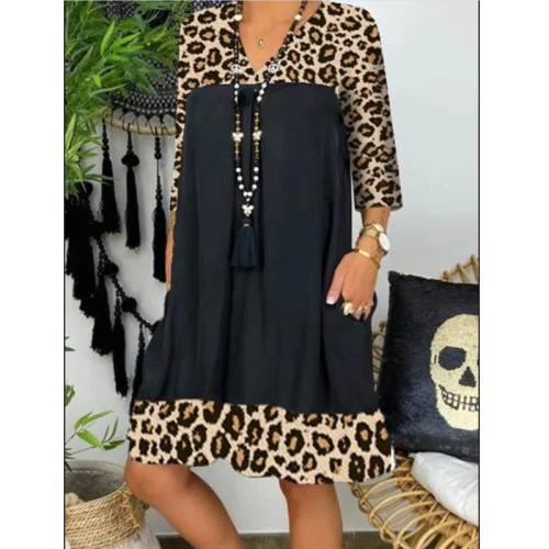 Leopard Splicing V-neck Long Sleeve Loose Dress