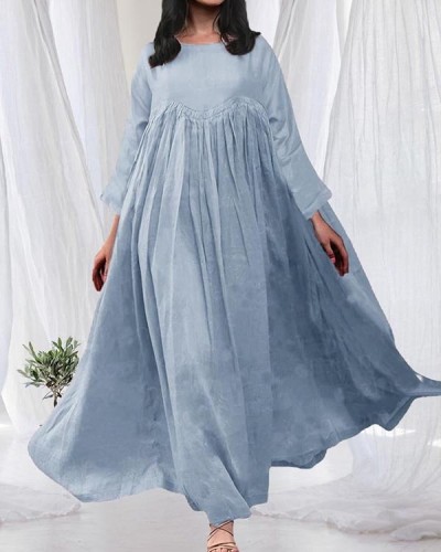 Cotton Linen Pullover Round Neck Large Swing Solid Color Dress