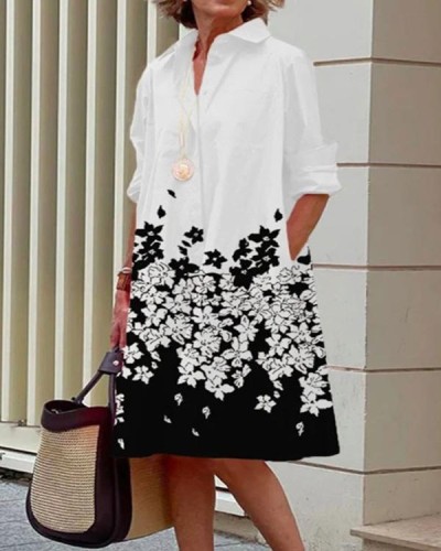 Floral Print Long Sleeve Shirt Collar Short Dress