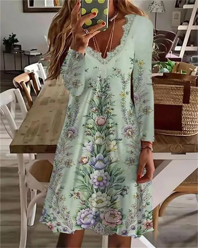 Casual Floral Lace V-neck Long-sleeved Dress