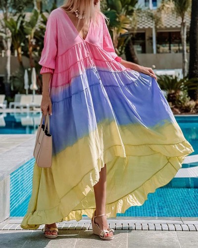 Resort V Neck Multicolor Panel Print Maxi Dress