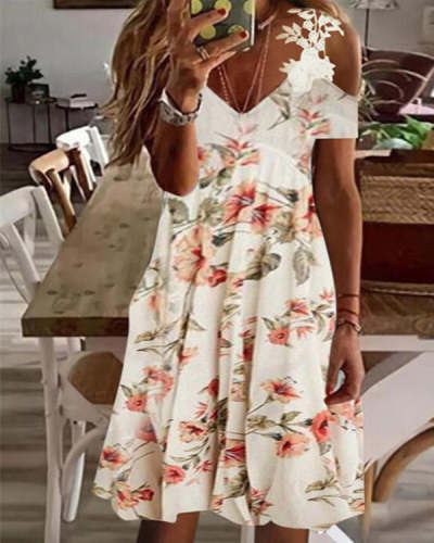 Printed V-Neck Lace Off-the-Shoulder Sexy Dress