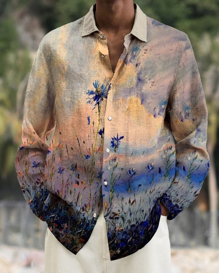 Men's cotton&linen long-sleeved fashion casual shirt 15d9