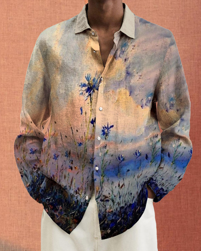 Men's cotton&linen long-sleeved fashion casual shirt 15d9