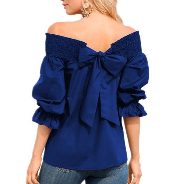 Women Fashion One-Word Back Bow T-Shirt Plus Size Blouses Tops