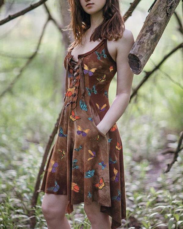 Women's Slim Irregular Butterfly Print Dress