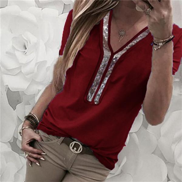 Plus Size  Short Sleeve Solid Color Tops Joint V Neck Blouse