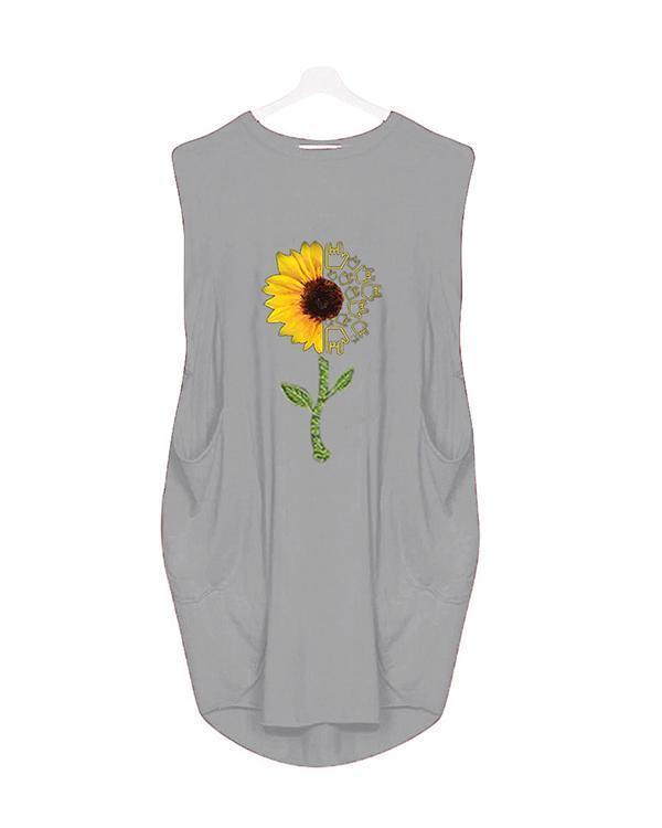 Sumflower Printing Oversized Long T-Shirt Sleeveless Midi Dress With Pockets