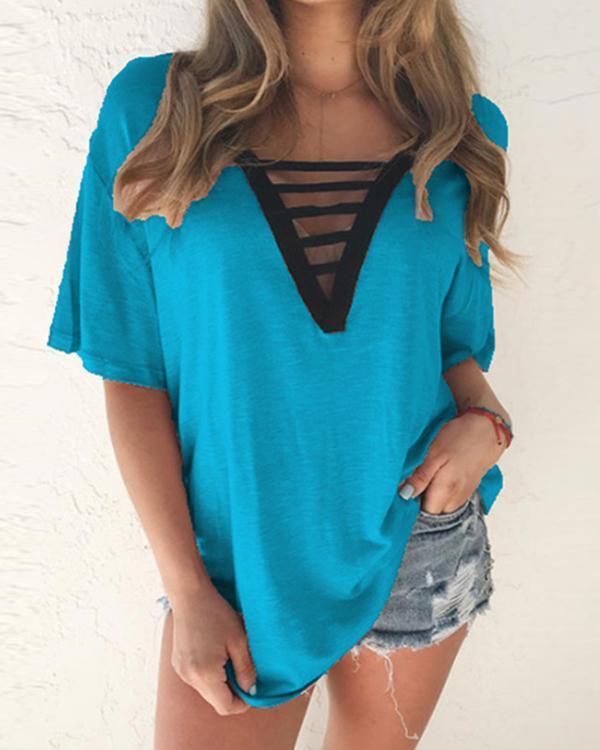 Women Hollow Out V-Neck Casual Blouse