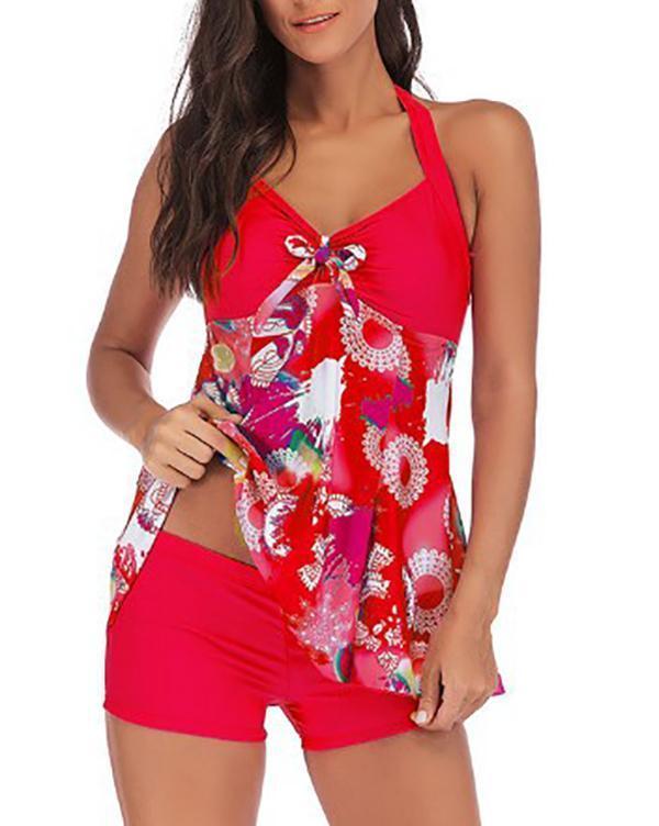 Floral Print Halter V-Neck Sexy Vintage Plus Size Tankinis Swimsuits
