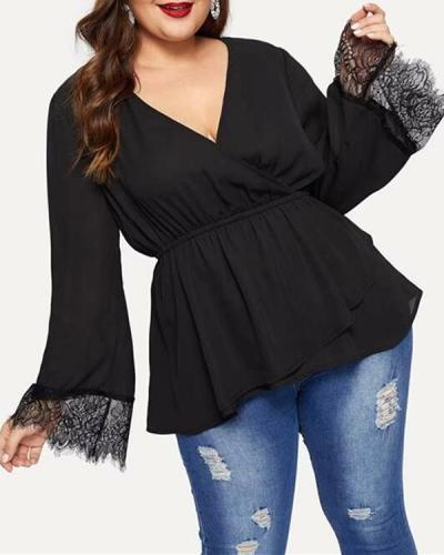Solid Color V-neck Long-sleeved Lace Stitching Plus Size Top