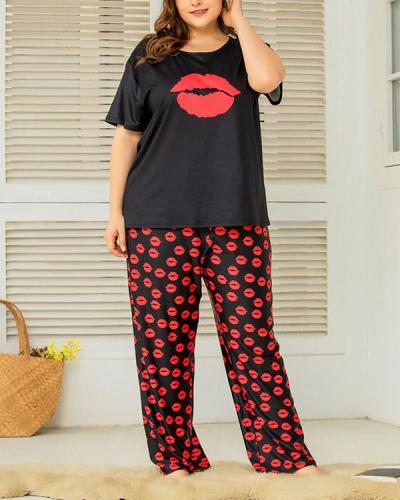 Lip Printed Comfort Loose Home Wear Two-piece Set