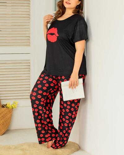 Lip Printed Comfort Loose Home Wear Two-piece Set
