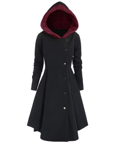 Plus Size Asymmetric Contrast Hooded Skirted Coat