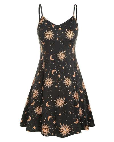 Sun Stars Moon Print Plus Size Trapeze Dress