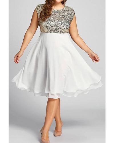 Sleeveless Solid Colored Sequins Layered Plus Size Dress