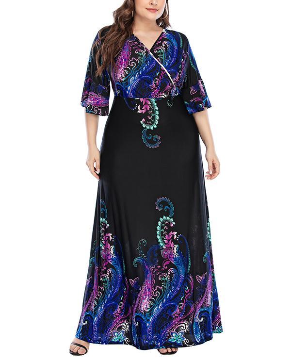 Plus Size Fashion Printed Bohemian V-neck Dress
