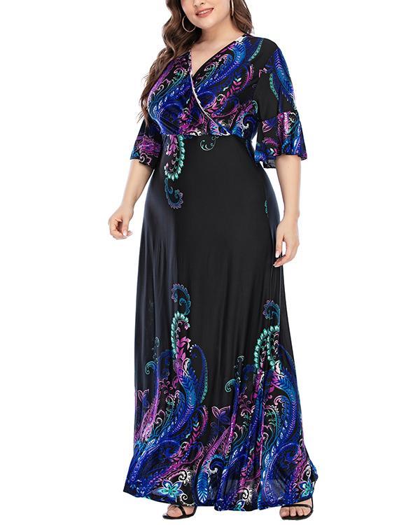 Plus Size Fashion Printed Bohemian V-neck Dress