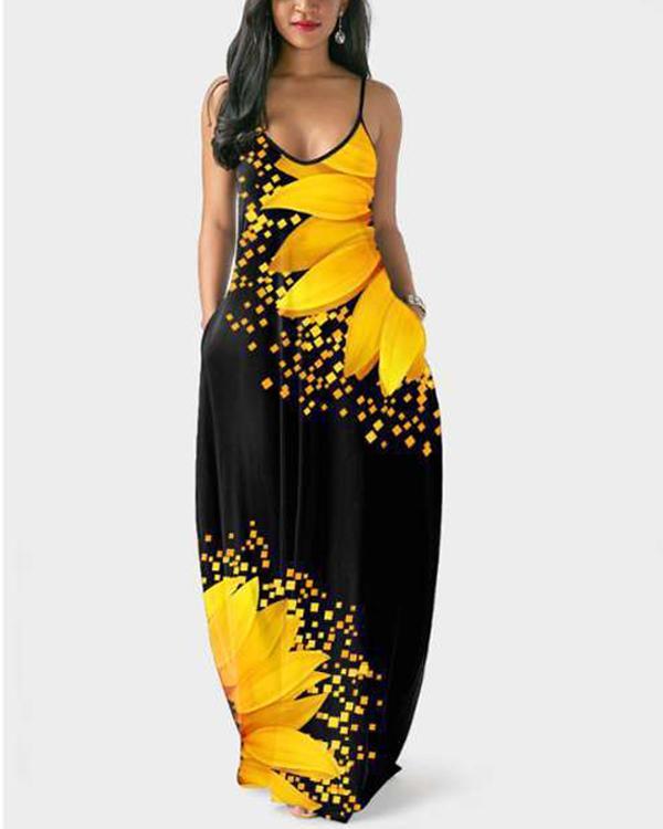 Printed Plus Size Spaghetti Strap Pocket Dress