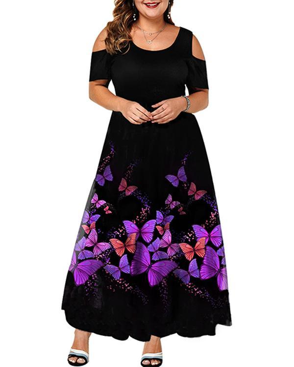 Plus Size Casual Floral Round Neckline Midi X-line Dress