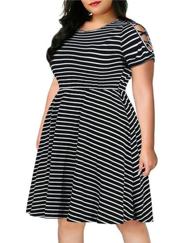 Plus Size Criss Cross Sleeve Striped A Line Dress