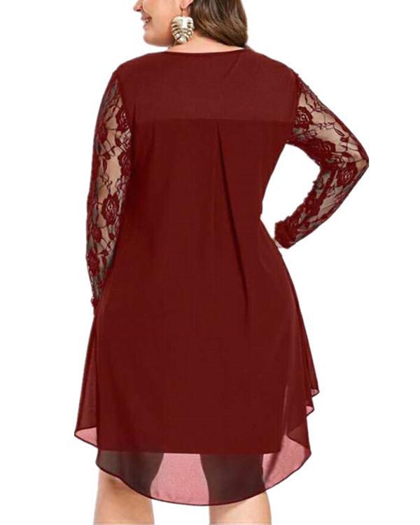 Spliced Long Sleeve Plus Size Mid-length Dress