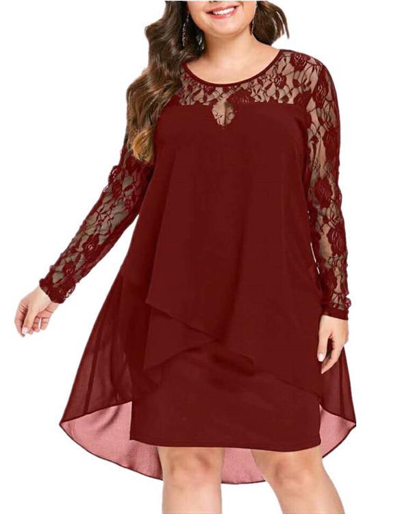 Spliced Long Sleeve Plus Size Mid-length Dress