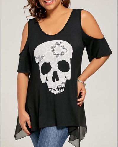 Print Cold Shoulder Short Sleeves Casual Plus Size Blouses
