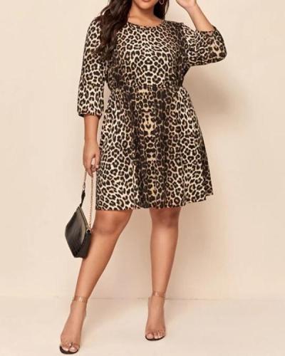 Leopard Print Round Neck Half Sleeve Dress