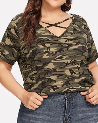 Print V-Neck Short Sleeves Casual Plus Size Blouses