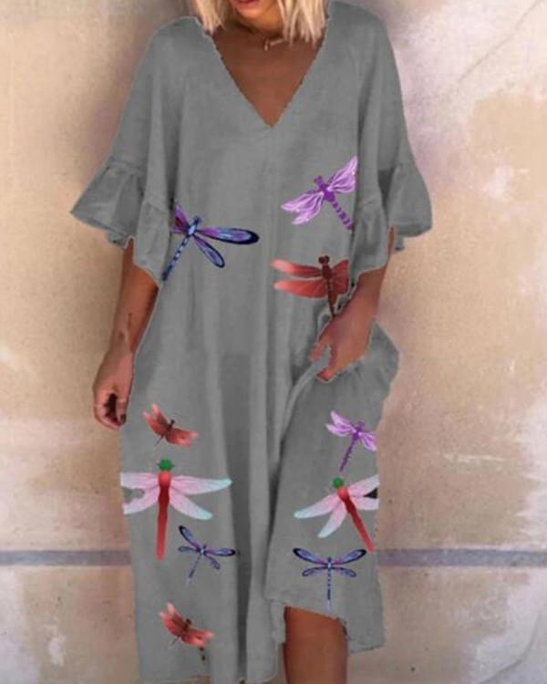 Dragonfly Print Lotus Leaf Sleeve Mini Dress