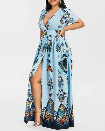 Plus Size Printed Maxi Split Dress