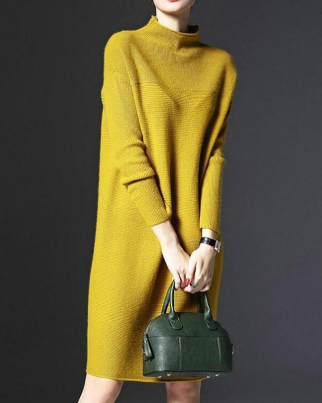 Stand Collar A-line Women Daily Knitted Casual Long Sleeve Knitted Solid Casual Dress