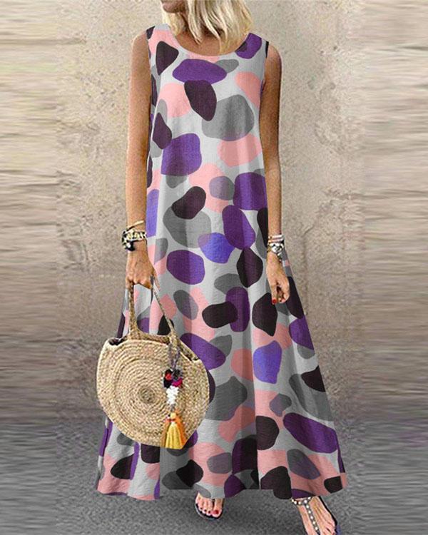 Womens Casual Loose Printed Round-Neck Sleeveless Long Dress