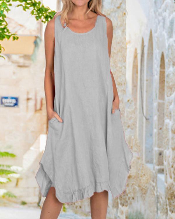 Linen Maxi Dress With Frill Bottom/ Pockets Dresses