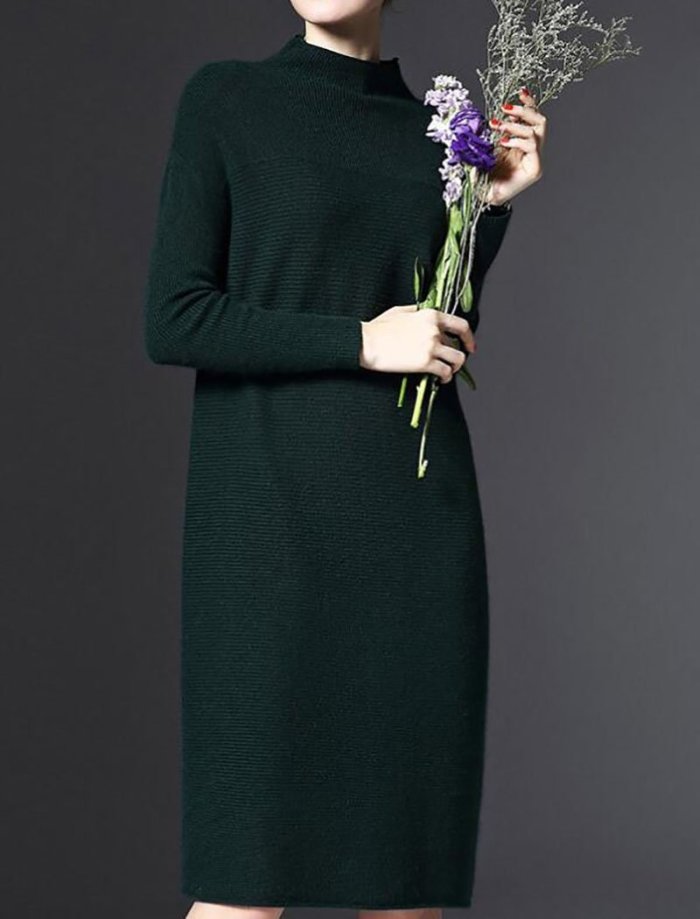 Stand Collar A-line Women Daily Knitted Casual Long Sleeve Knitted Solid Casual Dress