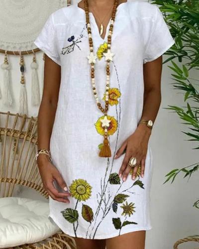 Casual Floral Tunic Round Neckline A-line Dress