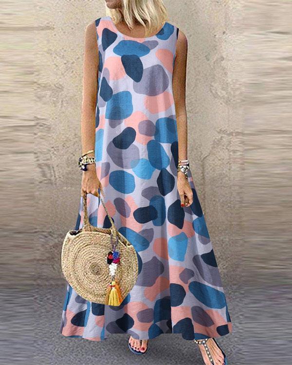 Womens Casual Loose Printed Round-Neck Sleeveless Long Dress