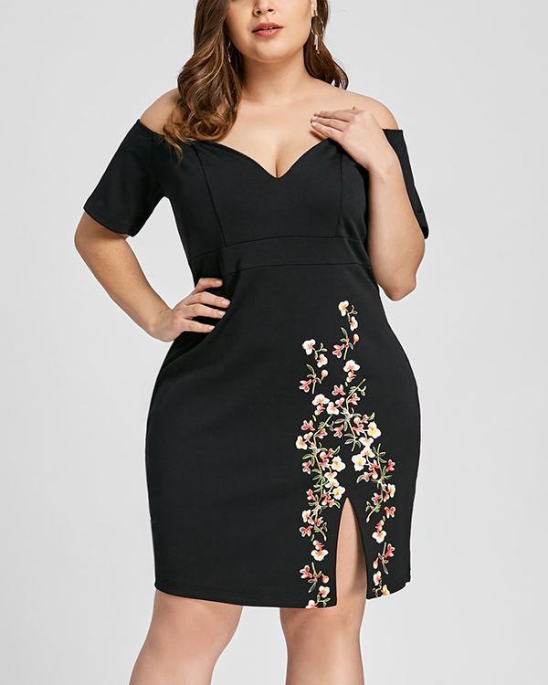 Plus Size Black Slit Design Random Floral Print Off The Shoulder Dress