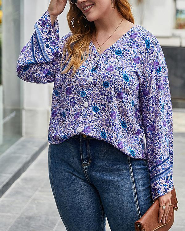 Plus Size Floral Printed Long-sleeved Blouse