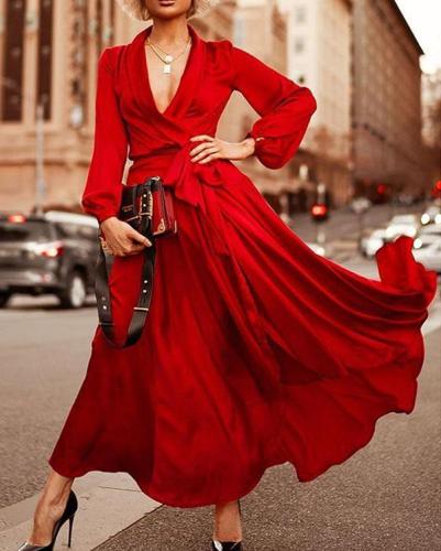 Red Sashes Deep V-neck Lantern Sleeve Flowy Banquet Party Maxi Dress
