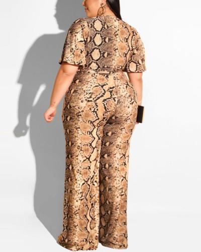 Snake Print Belted Plus Size Jumpsuit